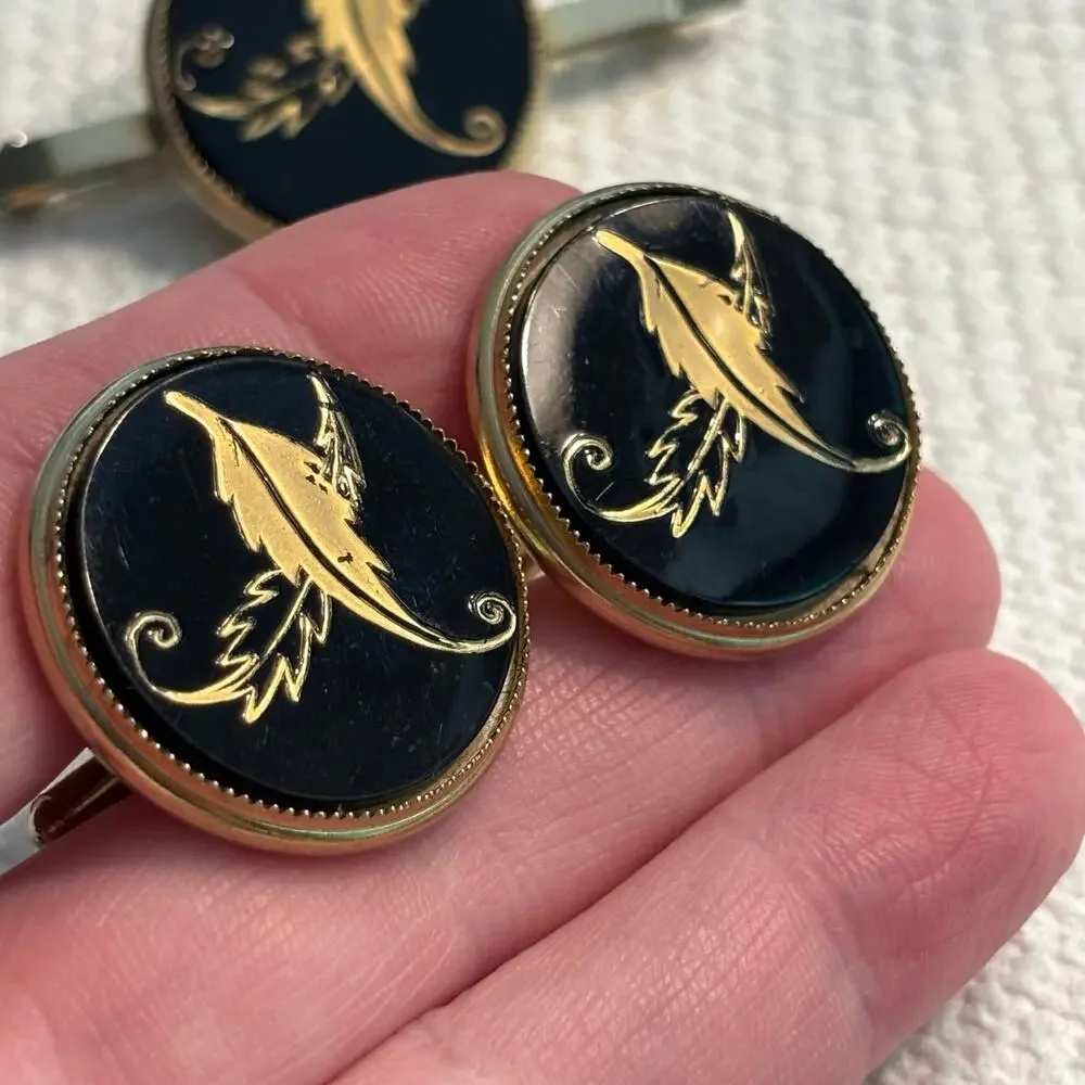 Vintage Creation House jewelry set men's cufflinks & pin black enamel gold leaf
